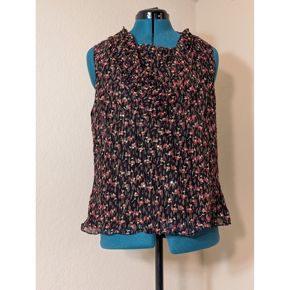 ICE Silk Sequin Cowl Neck Sleeveless Blouse XL Black Red Floral‎ Crinkle Top